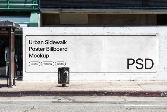 Editable urban sidewalk poster billboard mockup in PSD format for outdoor advertising design presentation.